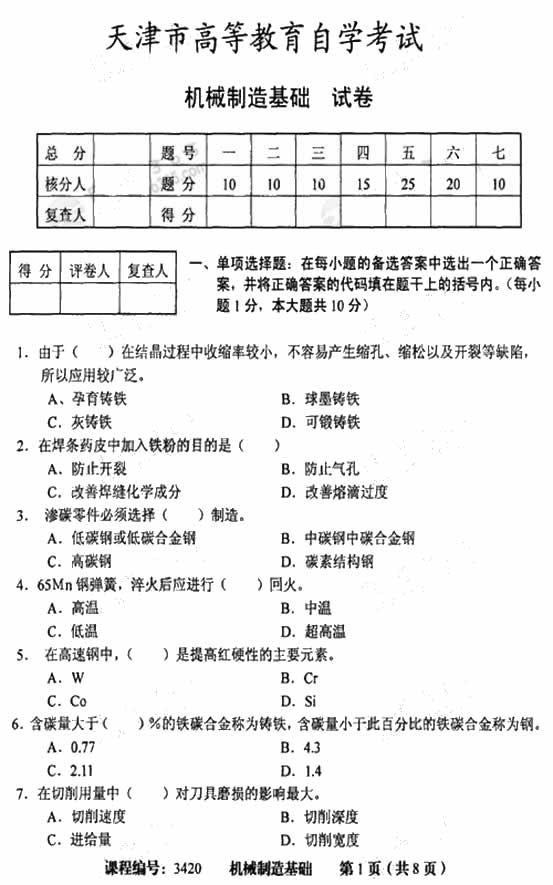 天津市2009年4月高等教育自学考试机械制造基础试卷